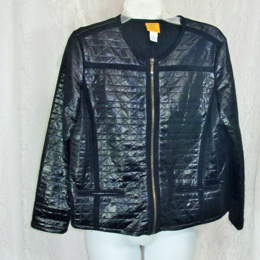 Ruby Rd Black Jacket Zip Front Quilted Leather Like Coating